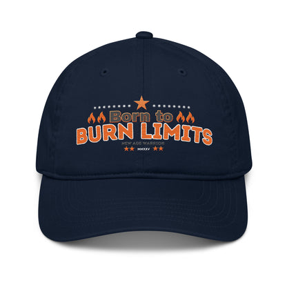 Nachhaltige Bio Baumwolle Baseball Cap - Spruch Born to Burn Limits in der Farbe dunkelblau