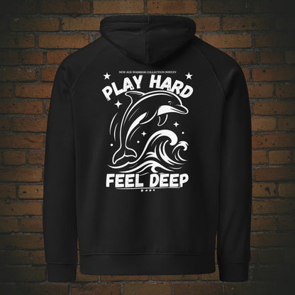 Play Hard Feel Deep weiss – Delfin Krafttier Bio Hoodie Unisex -  Druck auf dem Rücken - Kapuzenpullover in der Farbe: schwarz