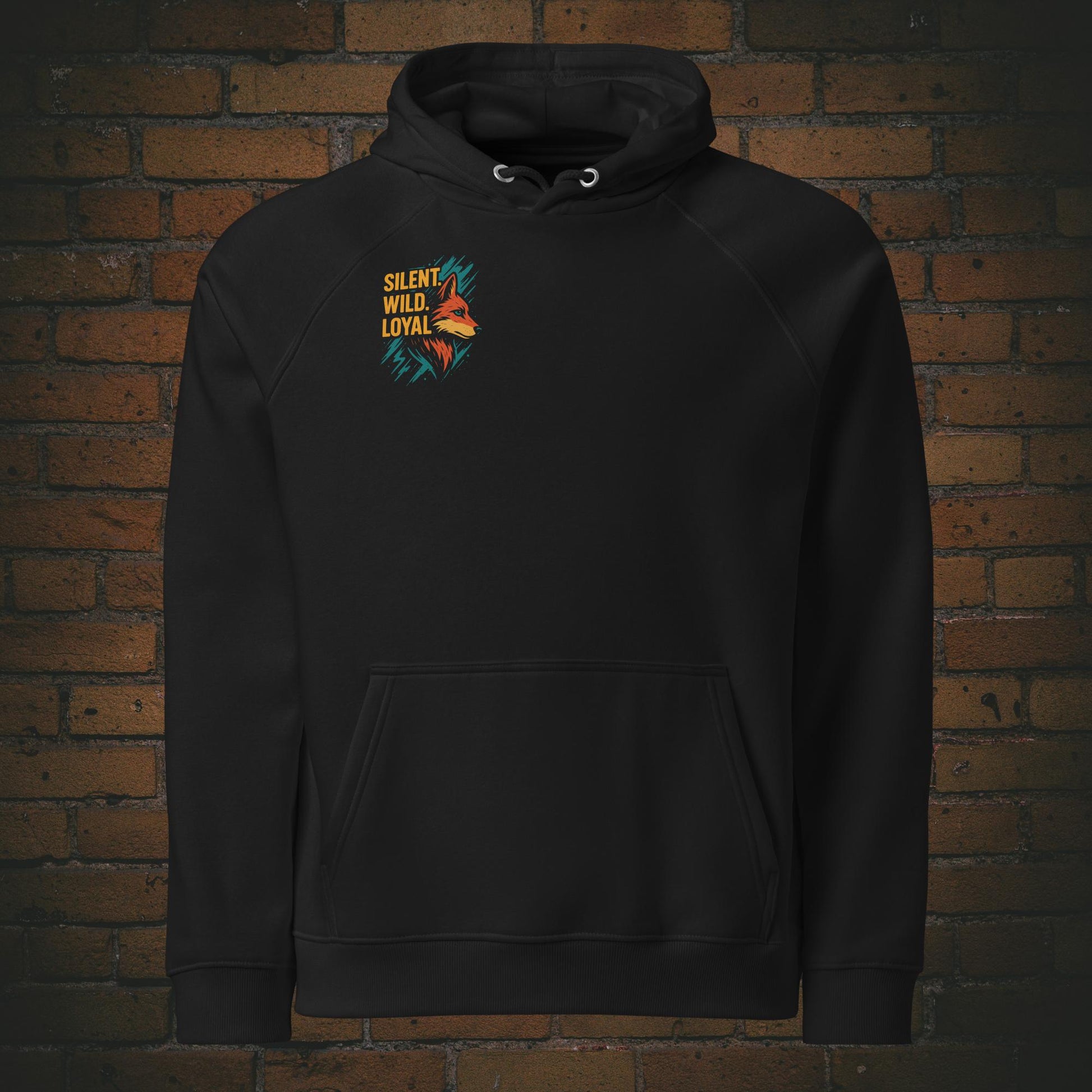 Silent Wild Loyal Hoodie – Wolf Design Bio Baumwolle Unisex in der Farbe schwarz - Druck auf der Brust