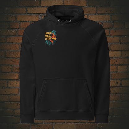 Silent Wild Loyal Hoodie – Wolf Design Bio Baumwolle Unisex in der Farbe schwarz - Druck auf der Brust