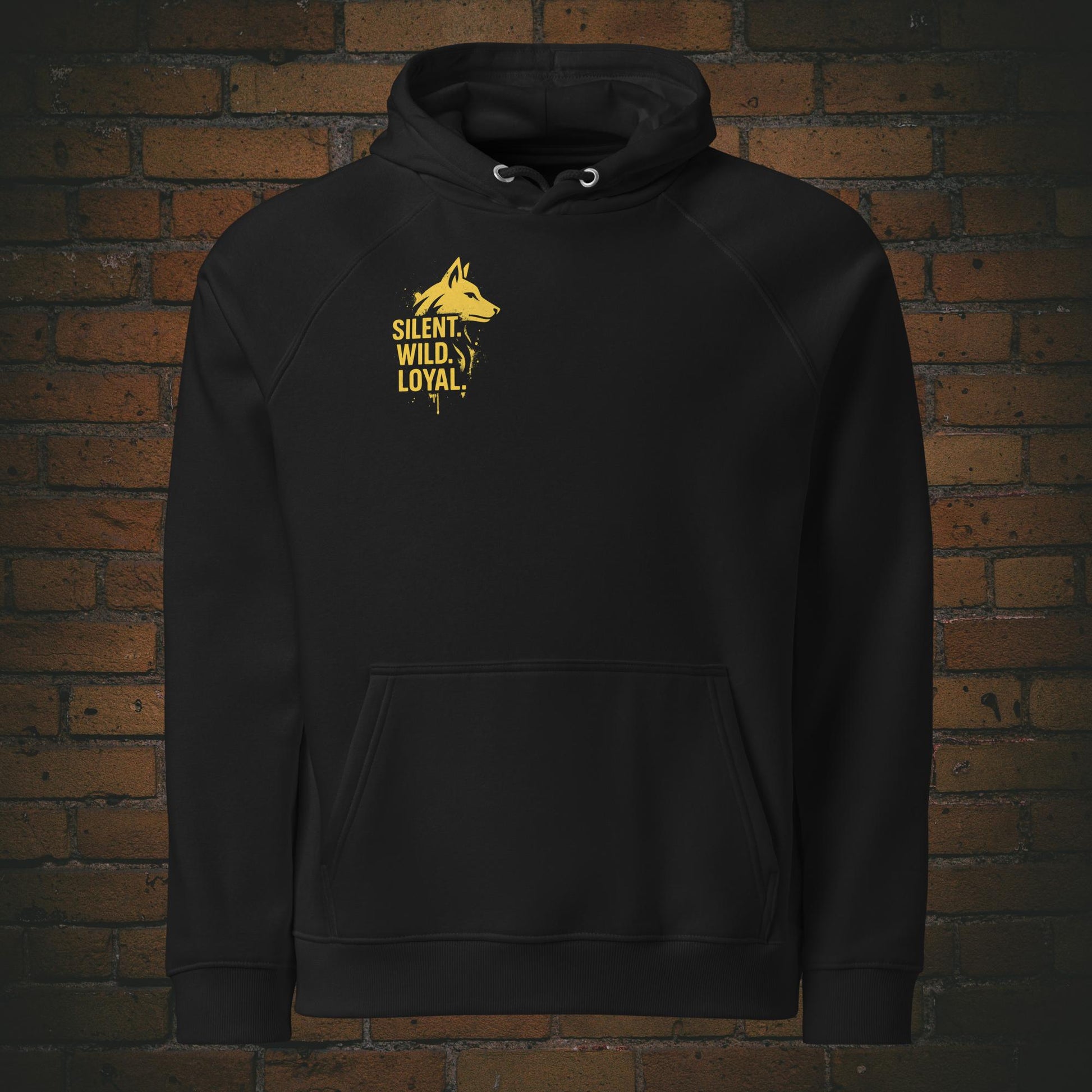 Silent Wild Loyal Hoodie – Urban Street Art Wolf Bio Unisex in der Farbe schwarz - Druck auf der Brust