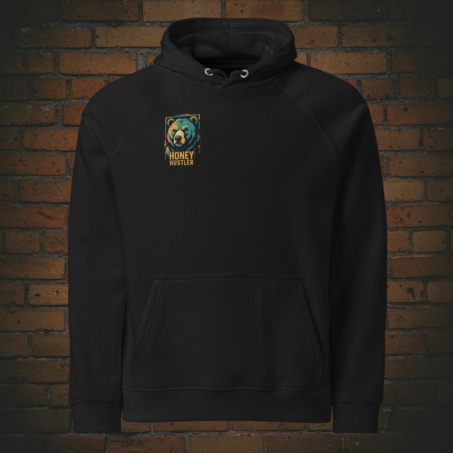 Honey Hustler Hoodie – Urban Street Art Bär Bio Baumwolle Unisex in der Farbe schwarz - Druck auf der Brust