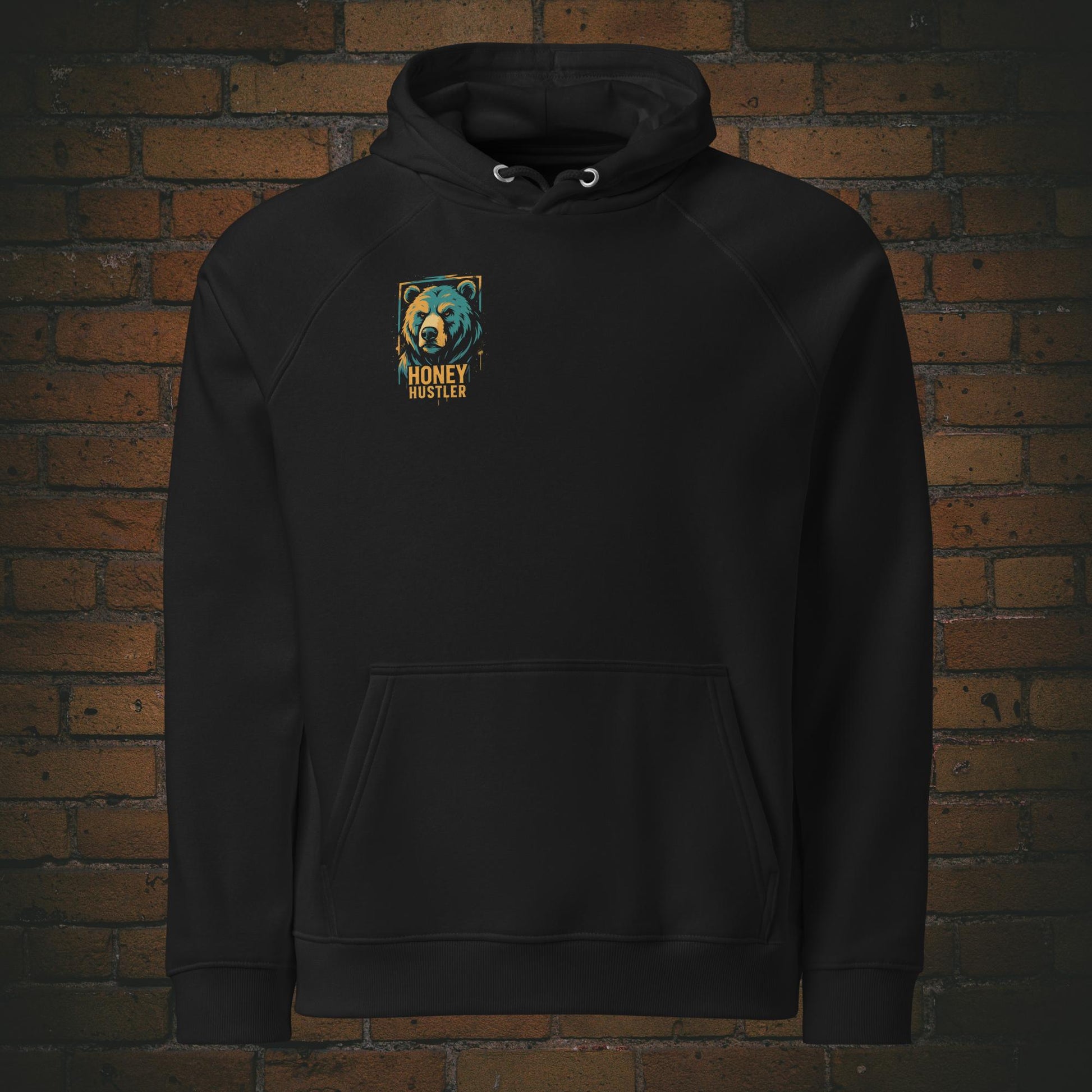 Honey Hustler Hoodie – Urban Street Art Bär Bio Baumwolle Unisex in der Farbe schwarz - Druck auf der Brust