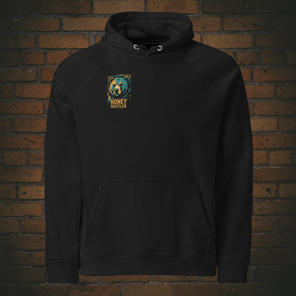Honey Hustler Hoodie – Urban Street Art Bär Bio Baumwolle Unisex in der Farbe schwarz - Druck auf der Brust