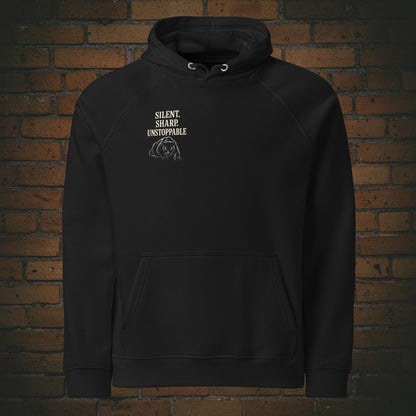 Silent Sharp Unstoppable Hoodie – Schwarzer Panther Bio Unisex - Druck auf der Brust - Kapuzenpullover für Frau und Mann in der Farbe: schwarz