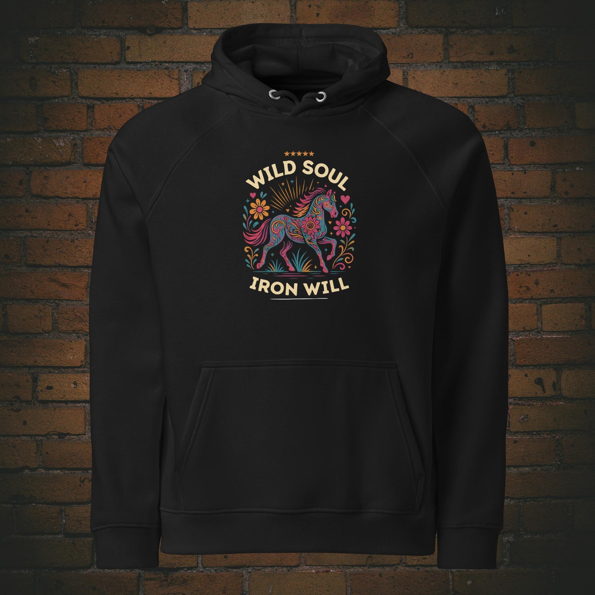 Wild Soul Iron Will – Hippie Pferd Bio Hoodie Unisex in der Farbe schwarz - Druck auf der Vorderseite