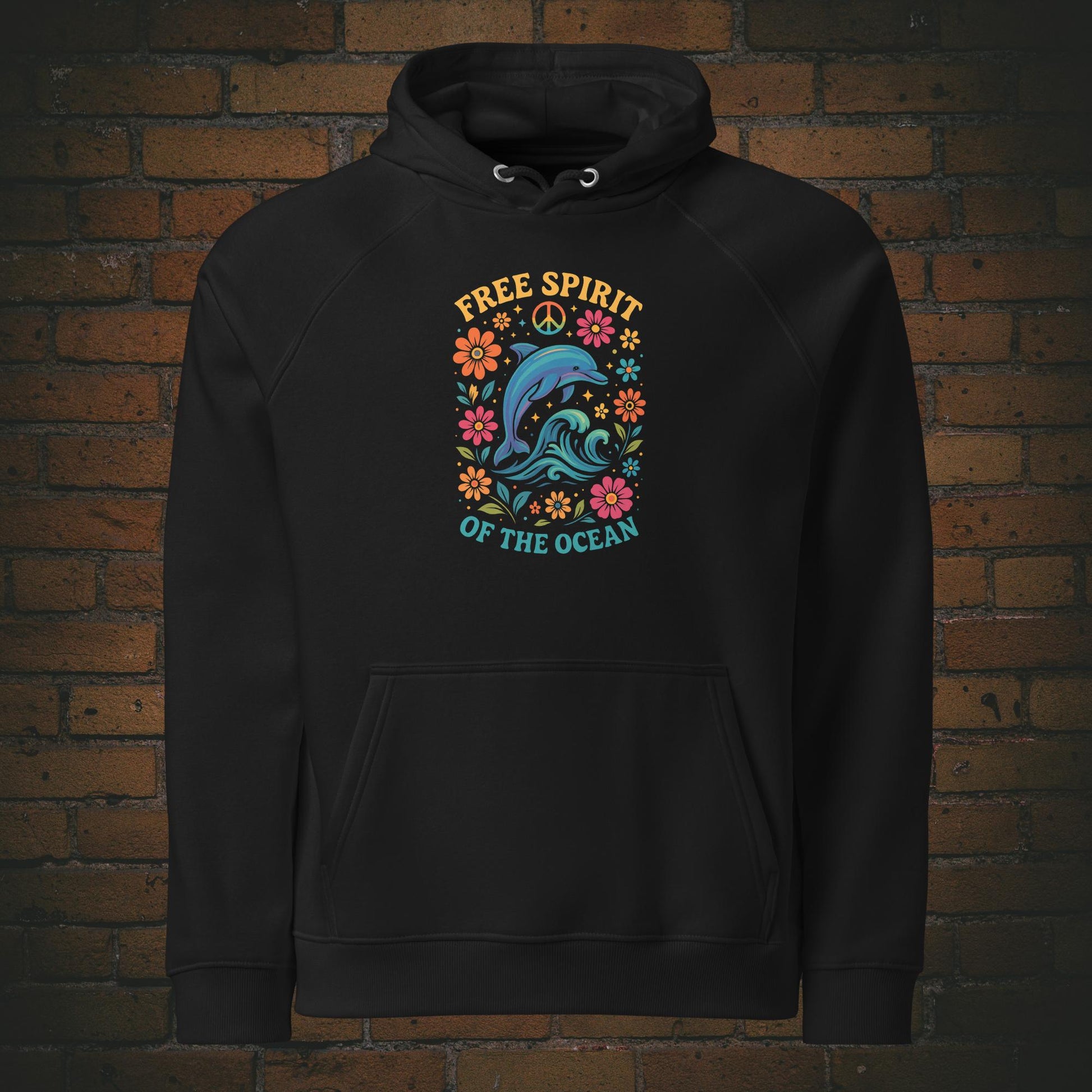 Free Spirit of the Ocean – Bunter Delfin Flower Power Bio Hoodie Unisex - Druck auf der Brust - Kapuzenpullover in der Farbe: schwarz