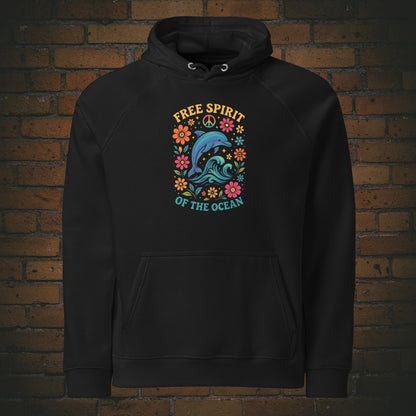 Free Spirit of the Ocean – Bunter Delfin Flower Power Bio Hoodie Unisex - Druck auf der Brust - Kapuzenpullover in der Farbe: schwarz