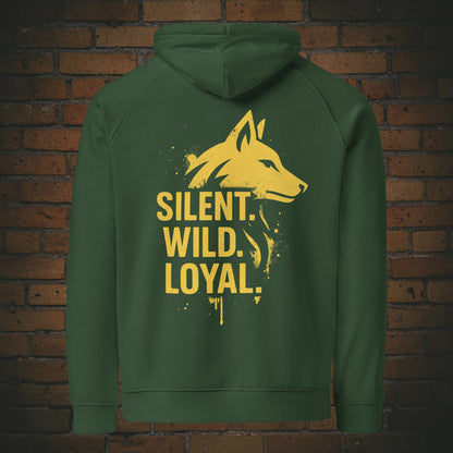 Silent Wild Loyal Hoodie – Urban Street Art Wolf Bio Unisex in der Farbe grün - Druck auf dem Rücken