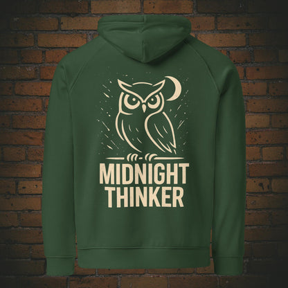 Midnight Thinker Hoodie – Eule Design Bio Baumwolle Unisex - Druck auf dem Rücken - Kapuzenpullover in grün