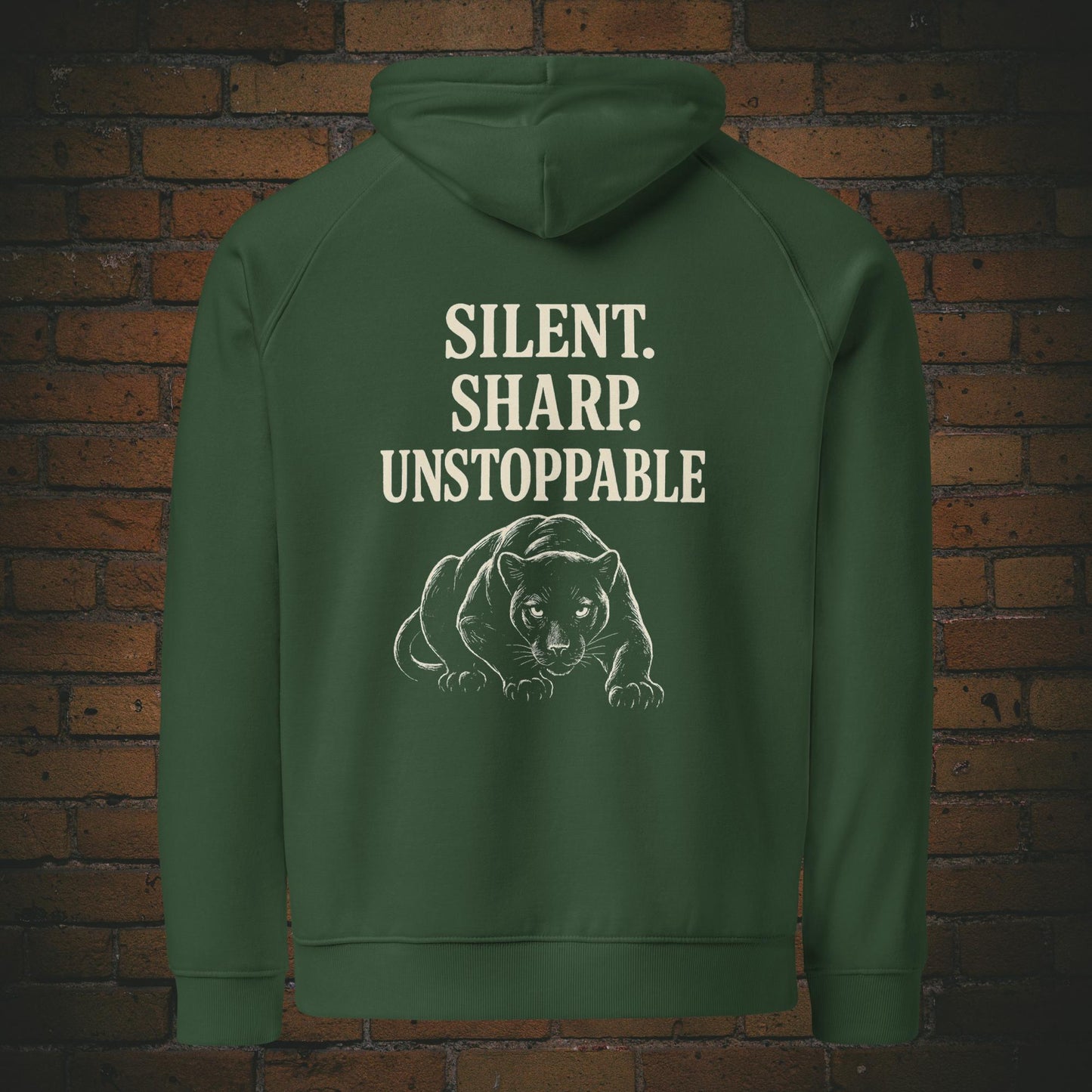 Silent Sharp Unstoppable Hoodie – Schwarzer Panther Bio Unisex - Druck auf dem Rücken - Kapuzenpullover für Frau und Mann in der Farbe: grün