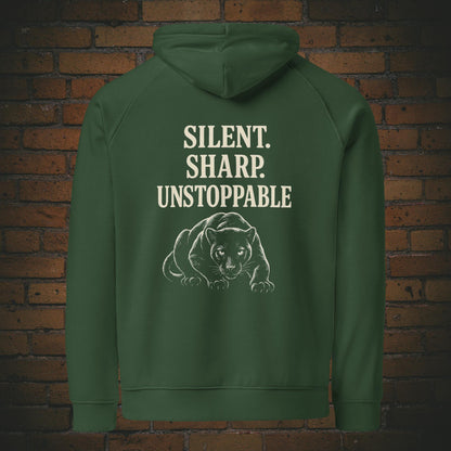 Silent Sharp Unstoppable Hoodie – Schwarzer Panther Bio Unisex - Druck auf dem Rücken - Kapuzenpullover für Frau und Mann in der Farbe: grün
