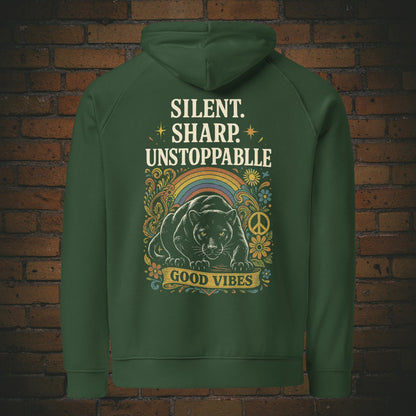 Hoodie Panther Good Vibes – Hippie Flower Power Unisex Bio - Druck auf dem Rücken - Kapuzenpullover in der Farbe: grün