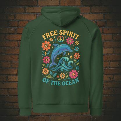 Free Spirit of the Ocean – Bunter Delfin Flower Power Bio Hoodie Unisex - Druck auf dem Rücken - Kapuzenpullover in der Farbe: grün