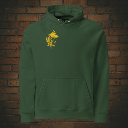 Silent Wild Loyal Hoodie – Urban Street Art Wolf Bio Unisex in der Farbe grün - Druck auf der Brust