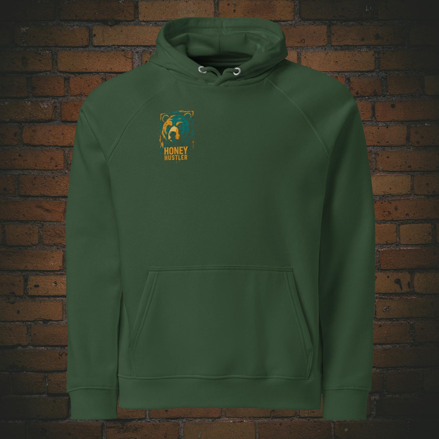 Honey Hustler Hoodie – Urban Street Art Bär Bio Baumwolle Unisex in der Farbe grün - Druck auf der Brust