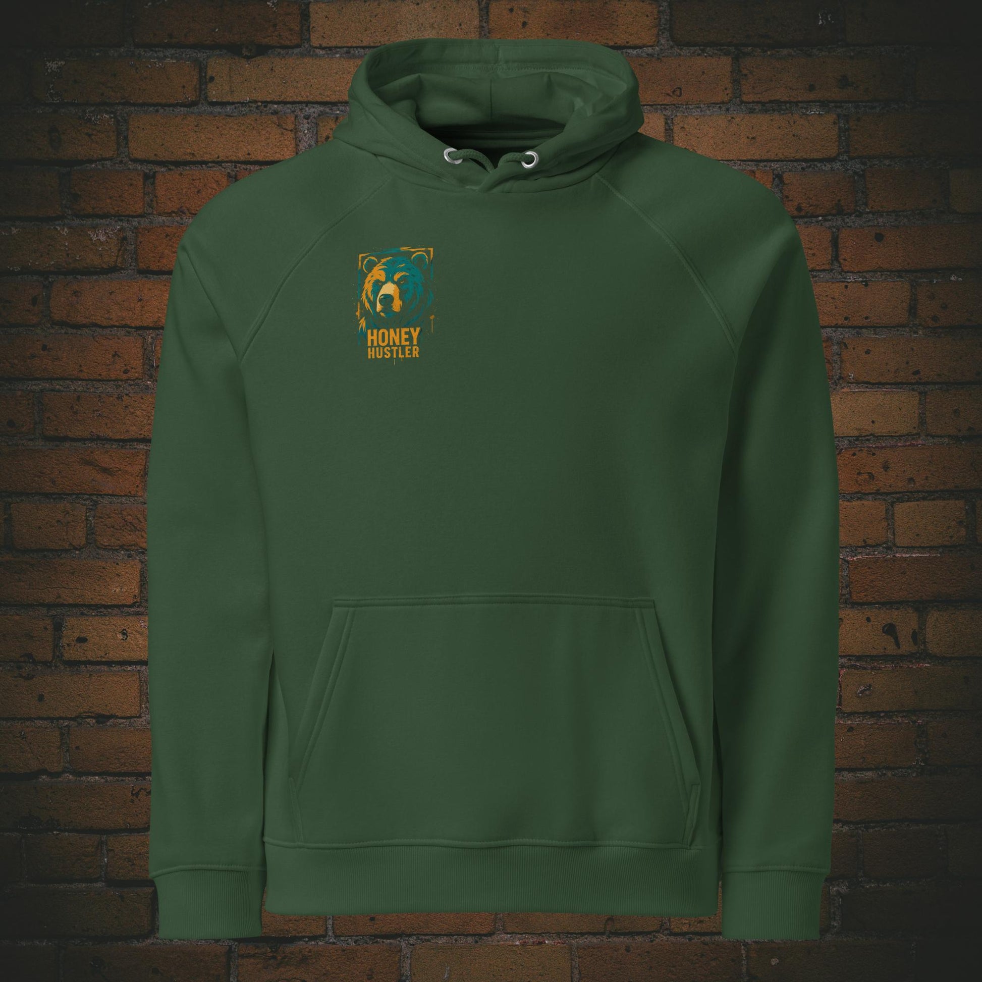 Honey Hustler Hoodie – Urban Street Art Bär Bio Baumwolle Unisex in der Farbe grün - Druck auf der Brust