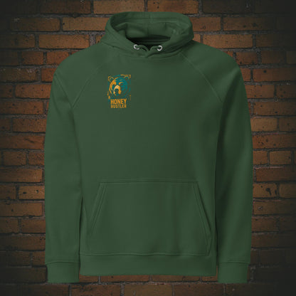 Honey Hustler Hoodie – Urban Street Art Bär Bio Baumwolle Unisex in der Farbe grün - Druck auf der Brust