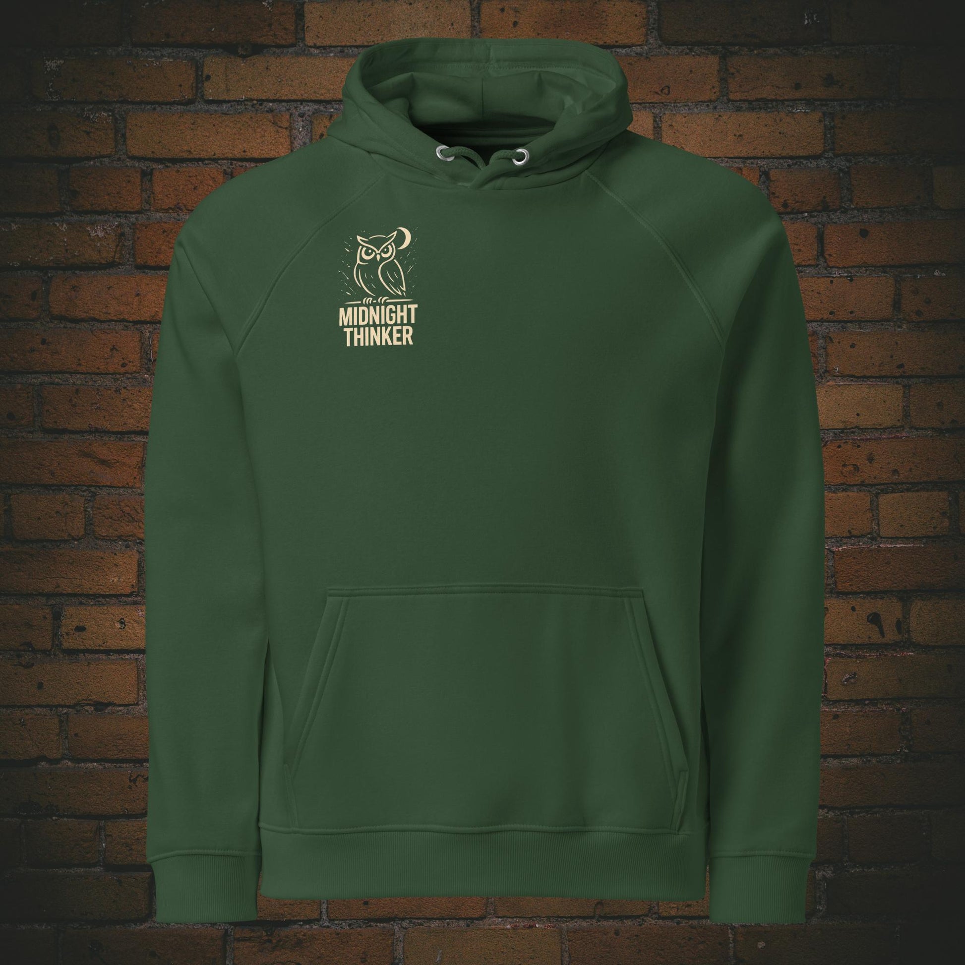 Midnight Thinker Hoodie – Eule Design Bio Baumwolle Unisex - Druck auf der Brust - Kapuzenpullover in grün