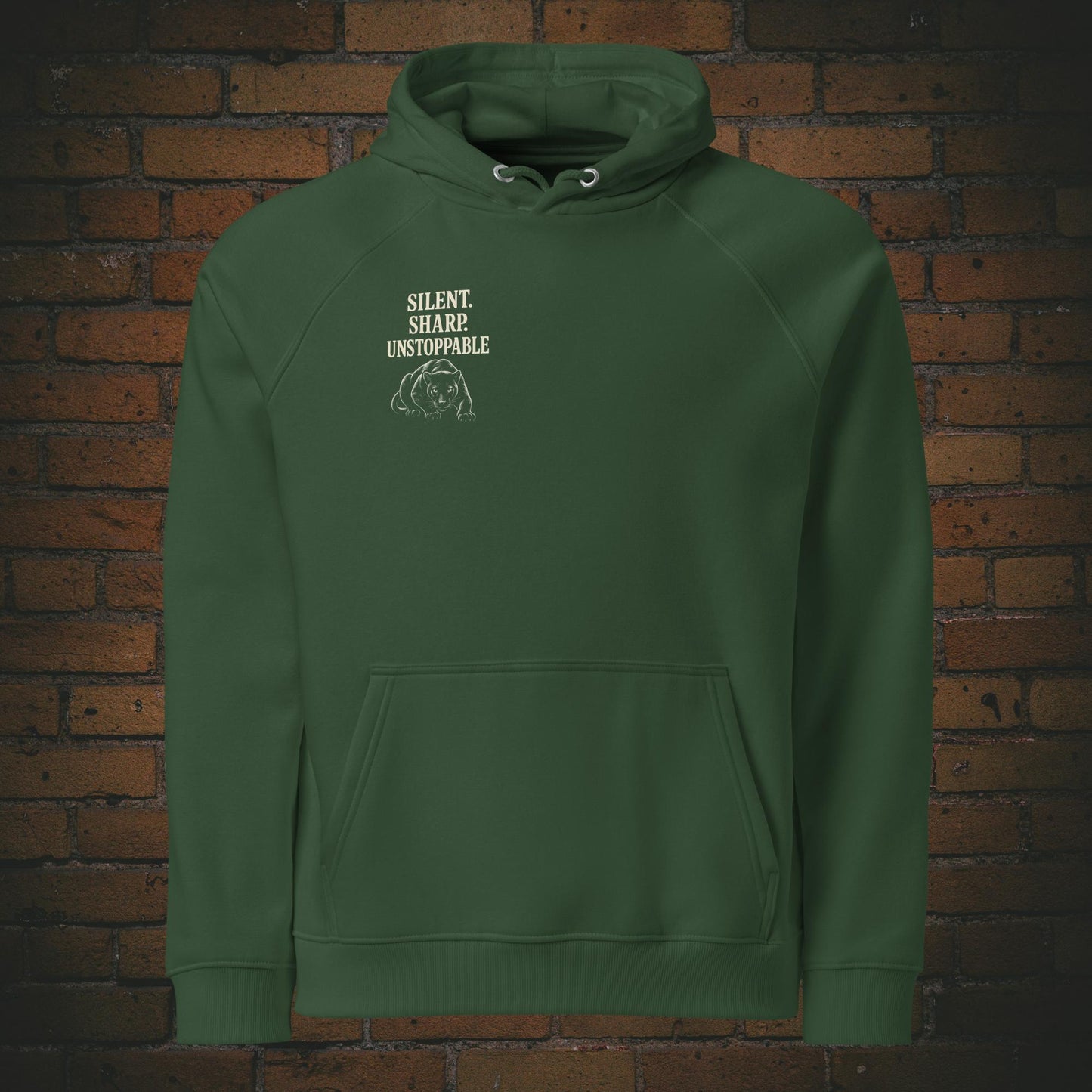 Silent Sharp Unstoppable Hoodie – Schwarzer Panther Bio Unisex - Druck auf dem Rücken - Kapuzenpullover für Frau und Mann in der Farbe: grün