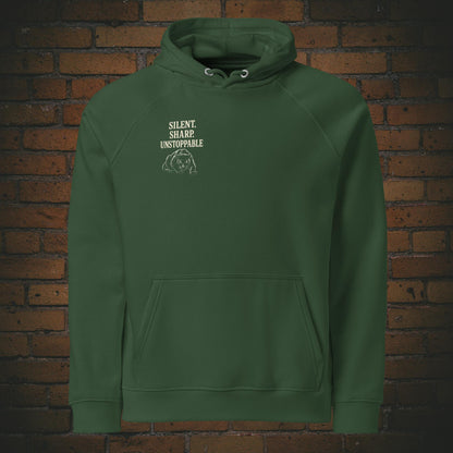 Silent Sharp Unstoppable Hoodie – Schwarzer Panther Bio Unisex - Druck auf dem Rücken - Kapuzenpullover für Frau und Mann in der Farbe: grün