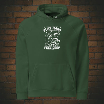 Play Hard Feel Deep weiss – Delfin Krafttier Bio Hoodie Unisex -  Druck auf der Brust - Kapuzenpullover in der Farbe: grün