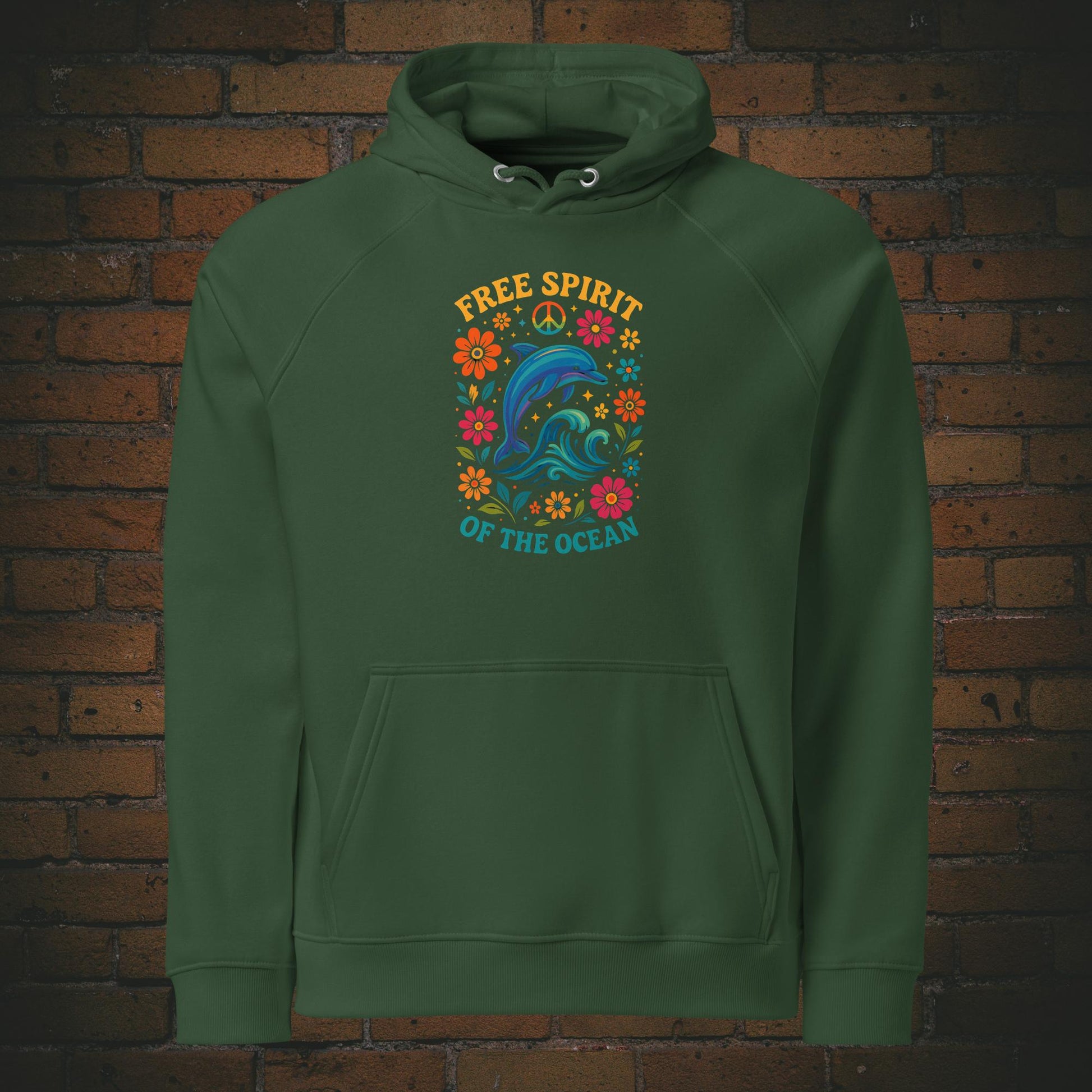 Free Spirit of the Ocean – Bunter Delfin Flower Power Bio Hoodie Unisex - Druck auf der Brust - Kapuzenpullover in der Farbe: grün