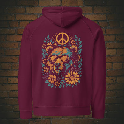 Flower Power Bär Hoodie – Retro Peace Design Bio Baumwolle in der Farbe weinrot - Druck auf dem Rücken