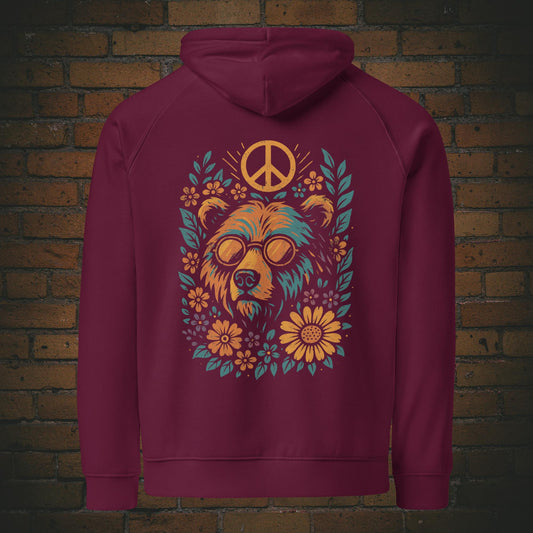 Flower Power Bär Hoodie – Retro Peace Design Bio Baumwolle in der Farbe weinrot - Druck auf dem Rücken