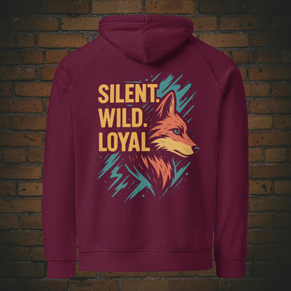 Silent Wild Loyal Hoodie – Wolf Design Bio Baumwolle Unisex in der Farbe weinrot - Druck auf dem Rücken
