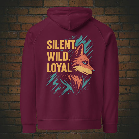 Silent Wild Loyal Hoodie – Wolf Design Bio Baumwolle Unisex in der Farbe weinrot - Druck auf dem Rücken