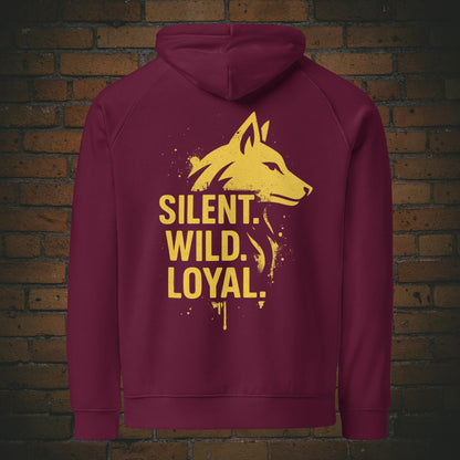 Silent Wild Loyal Hoodie – Urban Street Art Wolf Bio Unisex in der Farbe weinrot - Druck auf dem Rücken