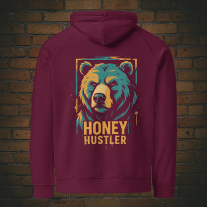 Honey Hustler Hoodie – Urban Street Art Bär Bio Baumwolle Unisex in der Farbe weinrot - Druck auf dem Rücken
