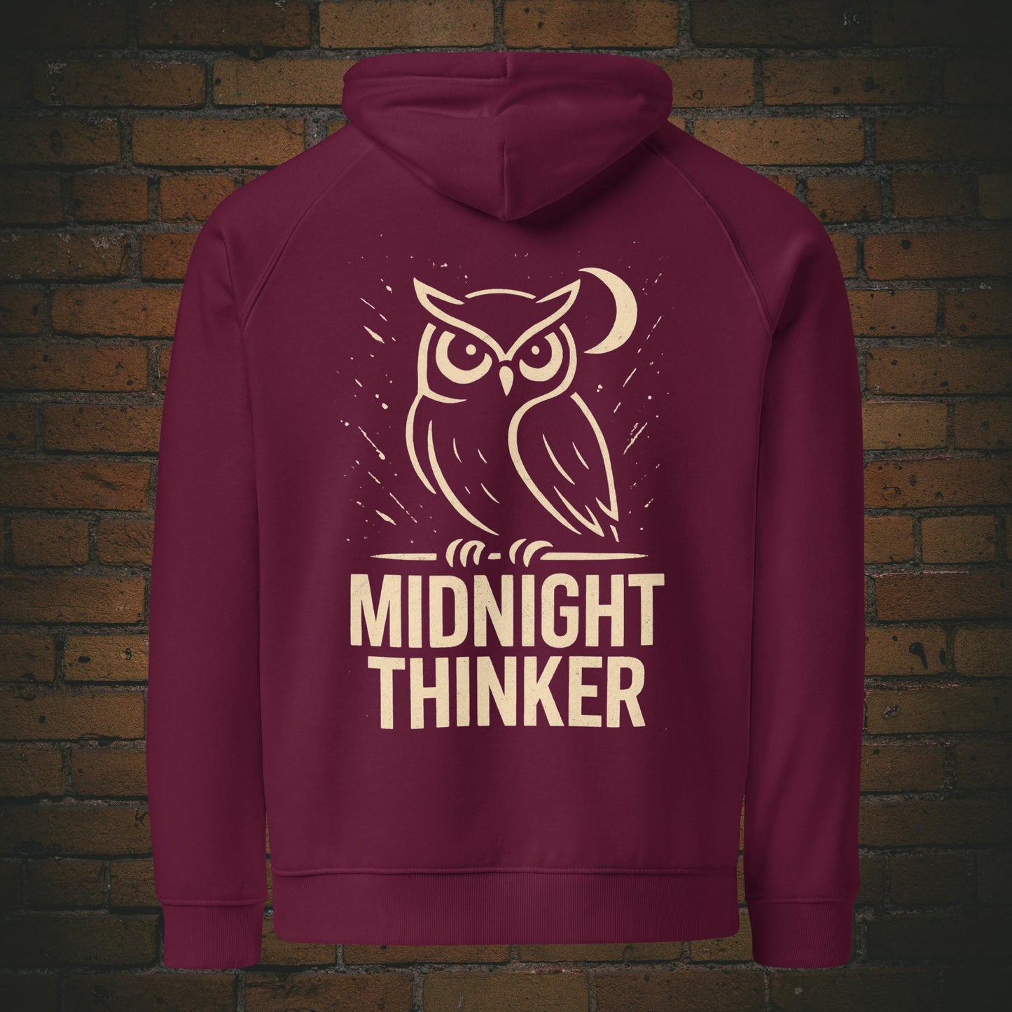 Midnight Thinker Hoodie – Eule Design Bio Baumwolle Unisex - Druck auf dem Rücken - Kapuzenpullover in weinrot
