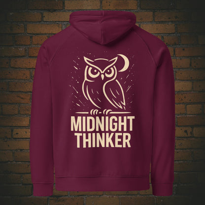 Midnight Thinker Hoodie – Eule Design Bio Baumwolle Unisex - Druck auf dem Rücken - Kapuzenpullover in weinrot