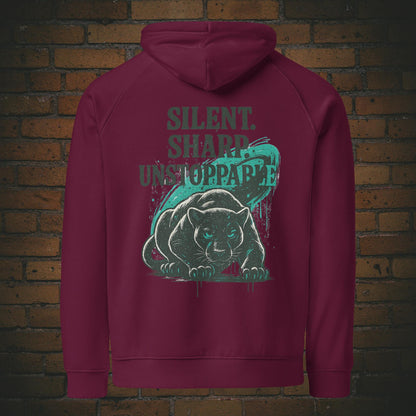 Silent Sharp Unstoppable Hoodie – Panther Bio Unisex - Druck auf dem Rücken - Kapuzenpullover in der Farbe weinrot
