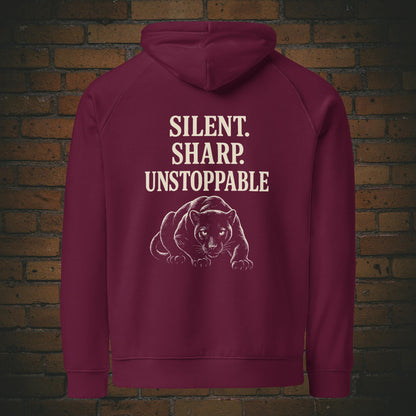 Silent Sharp Unstoppable Hoodie – Schwarzer Panther Bio Unisex - Druck auf dem Rücken - Kapuzenpullover für Frau und Mann in der Farbe: weinrot