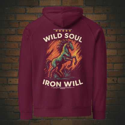 Kapuzenpullover mit Druck - Pferd, Flammen und Spruch - Hoodie Farbe: weinrot
