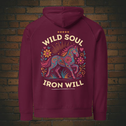 Wild Soul Iron Will – Hippie Pferd Bio Hoodie Unisex in der Farbe weinrot - Druck auf der Rückseite
