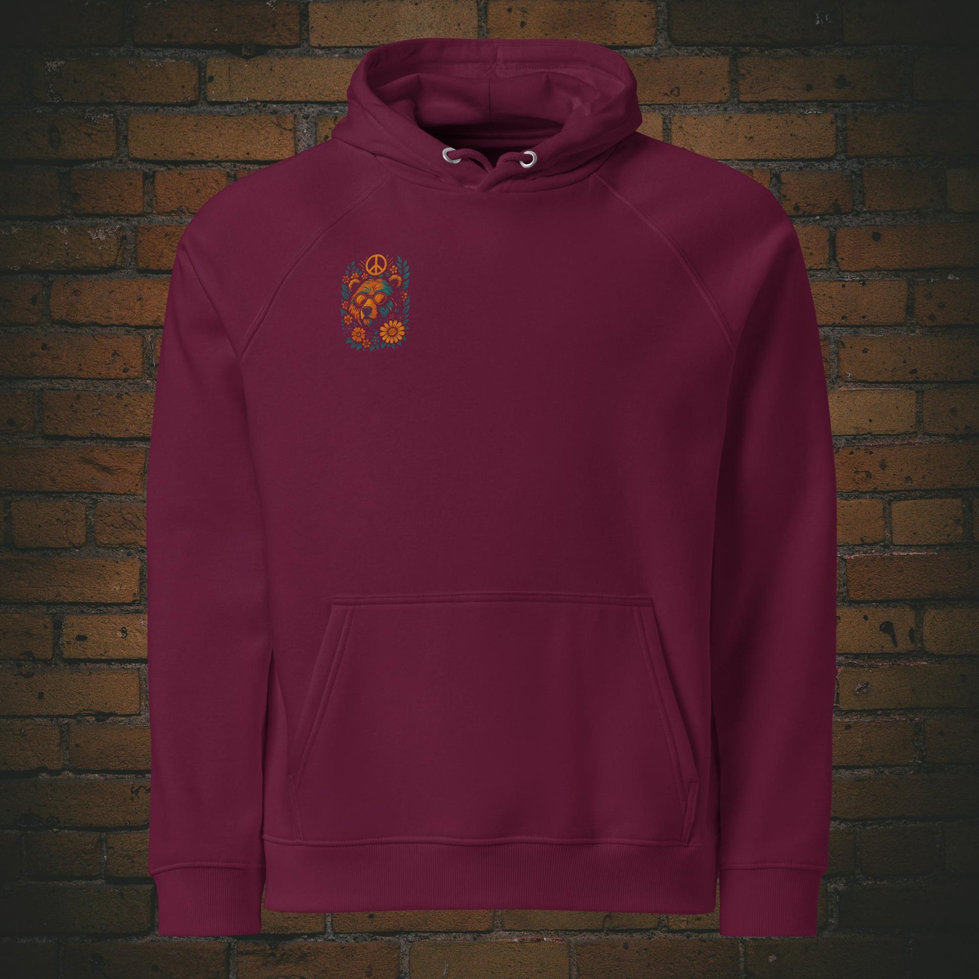 Flower Power Bär Hoodie – Retro Peace Design Bio Baumwolle in der Farbe weinrot - Druck auf der Brust