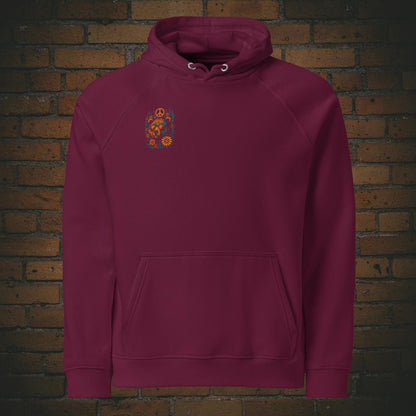 Flower Power Bär Hoodie – Retro Peace Design Bio Baumwolle in der Farbe weinrot - Druck auf der Brust