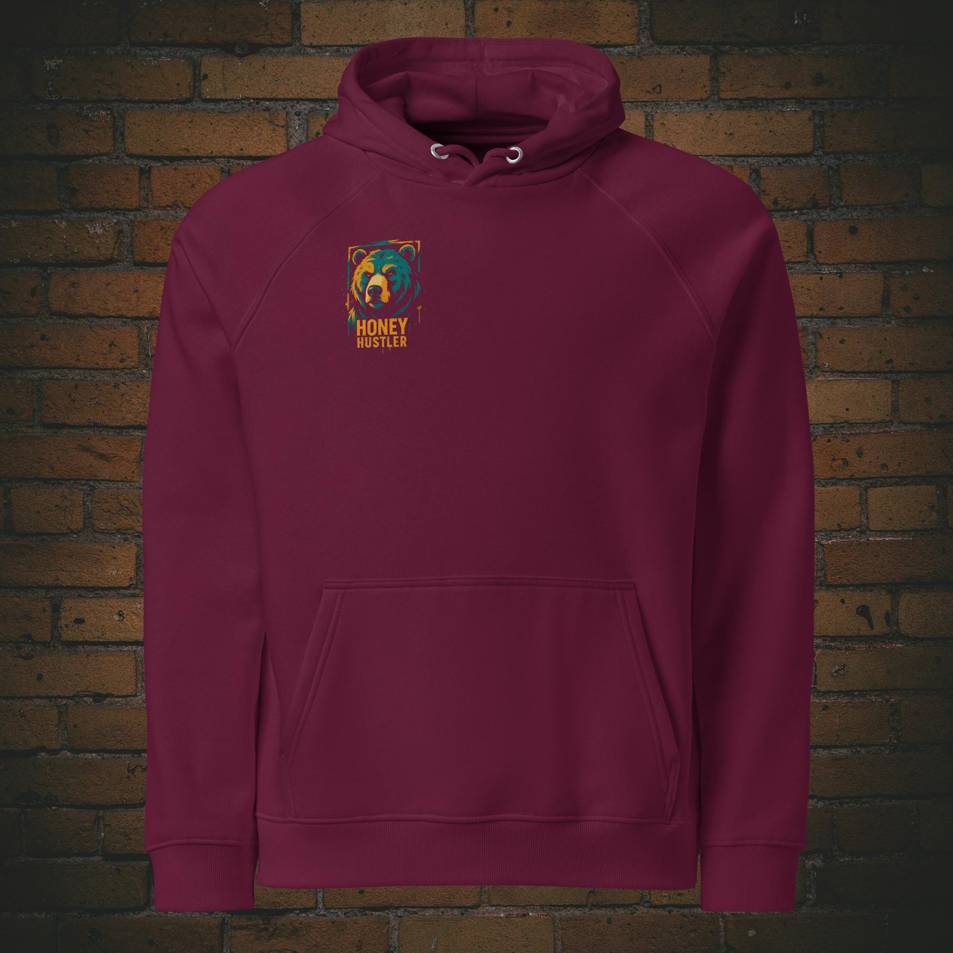 Honey Hustler Hoodie – Urban Street Art Bär Bio Baumwolle Unisex in der Farbe weinrot - Druck auf der Brust