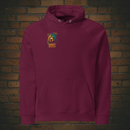 Honey Hustler Hoodie – Urban Street Art Bär Bio Baumwolle Unisex in der Farbe weinrot - Druck auf der Brust