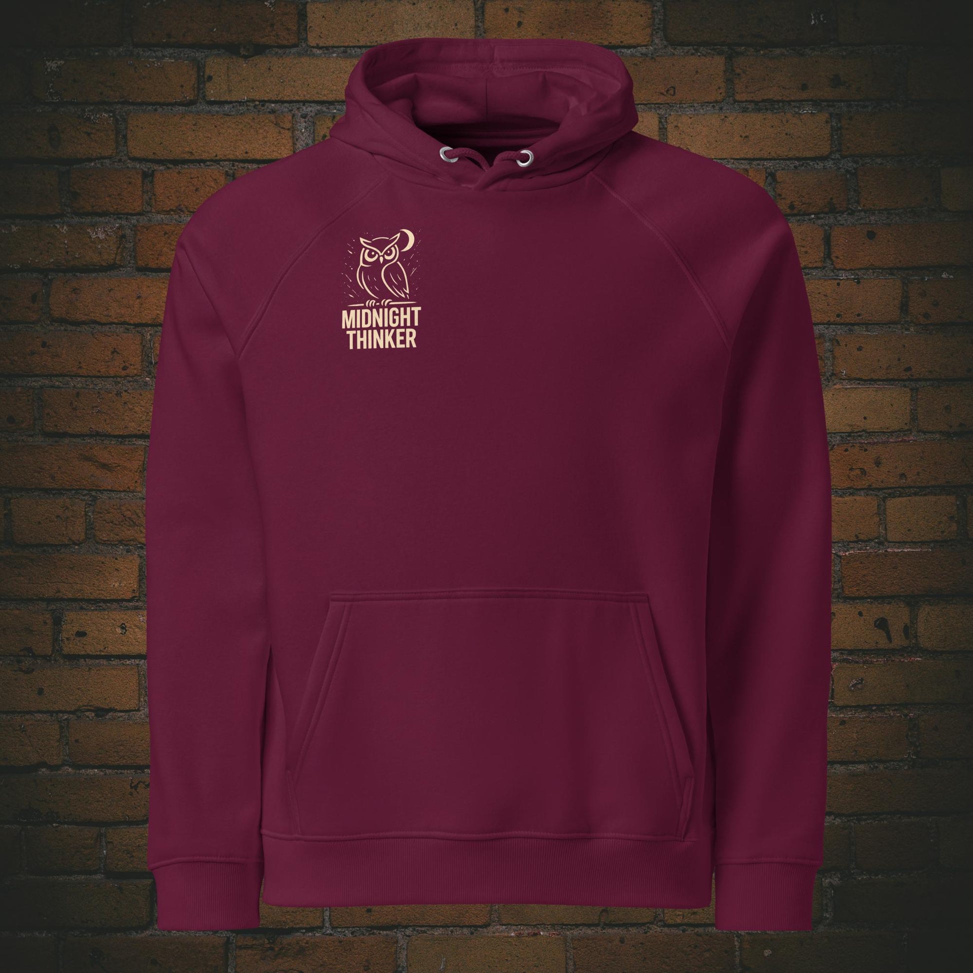 Midnight Thinker Hoodie – Eule Design Bio Baumwolle Unisex - Druck auf der Brust - Kapuzenpullover in weinrot
