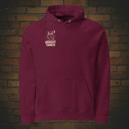 Midnight Thinker Hoodie – Eule Design Bio Baumwolle Unisex - Druck auf der Brust - Kapuzenpullover in weinrot