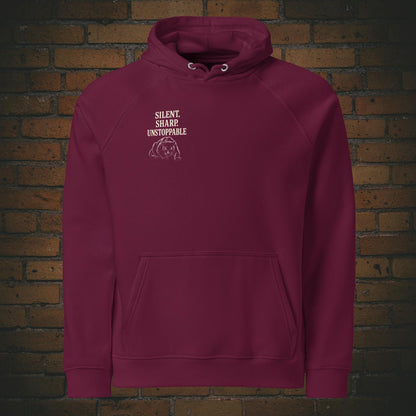 Silent Sharp Unstoppable Hoodie – Schwarzer Panther Bio Unisex - Druck auf dem Brust - Kapuzenpullover für Frau und Mann in der Farbe: weinrot