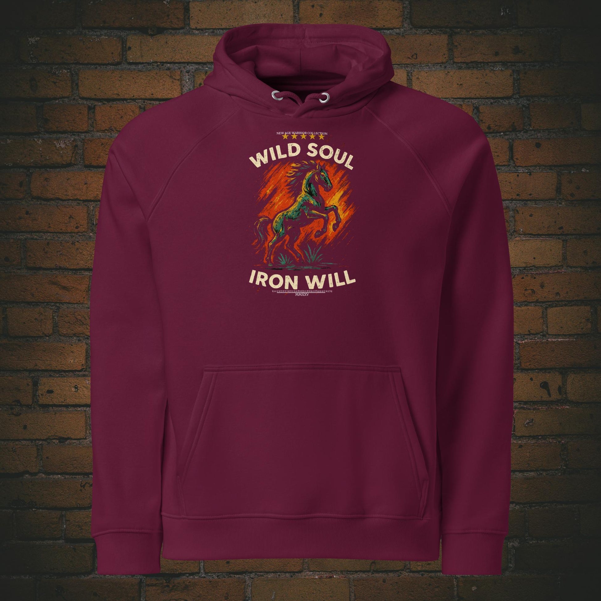 Kapuzenpullover mit Druck - Pferd, Flammen und Spruch - Hoodie Farbe: weinrot - Vorderseite