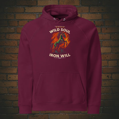Kapuzenpullover mit Druck - Pferd, Flammen und Spruch - Hoodie Farbe: weinrot - Vorderseite