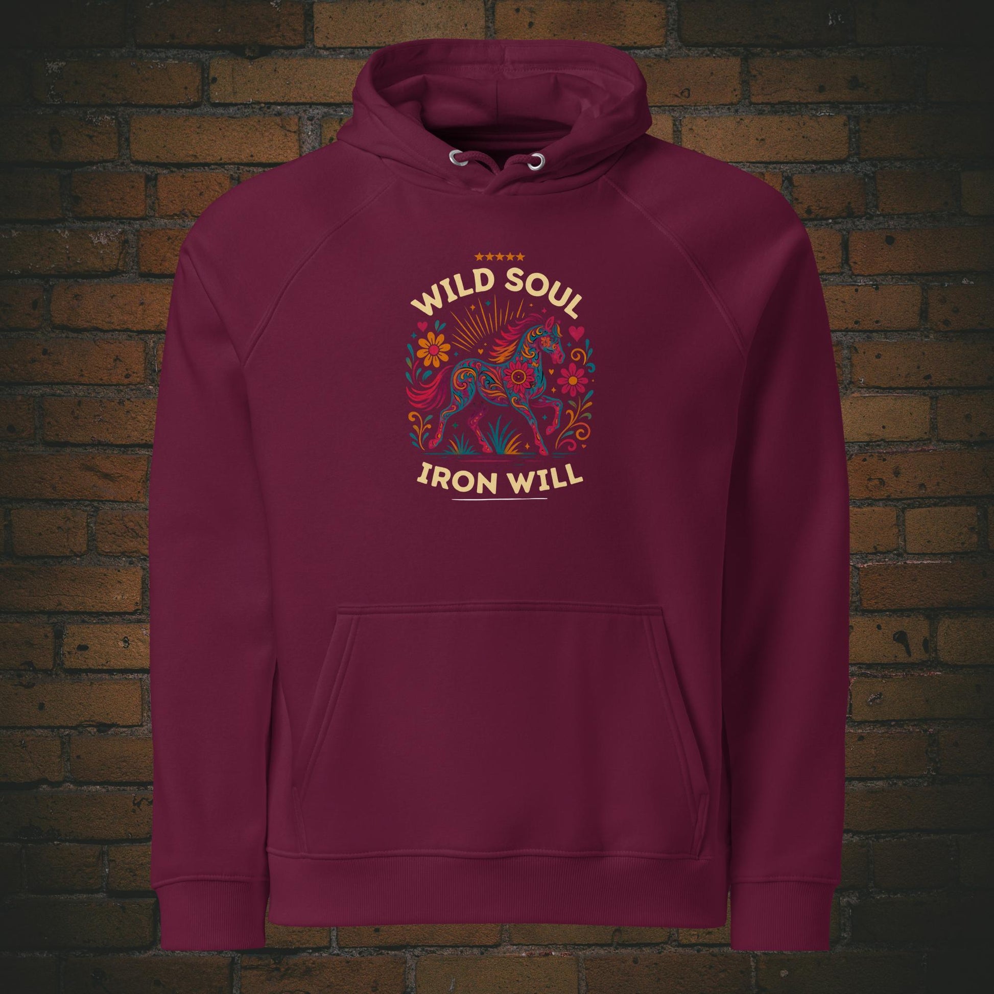 Wild Soul Iron Will – Hippie Pferd Bio Hoodie Unisex in der Farbe weinrot - Druck auf der Vorderseite