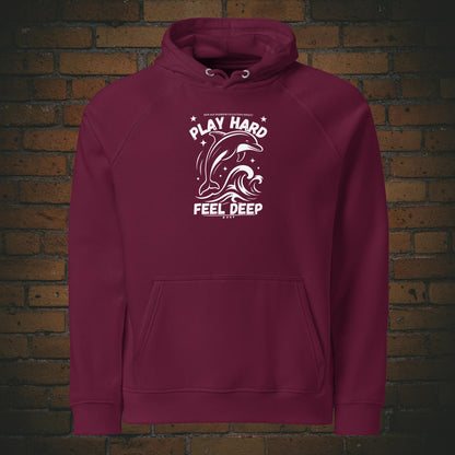 Play Hard Feel Deep weiss – Delfin Krafttier Bio Hoodie Unisex -  Druck auf der Brust - Kapuzenpullover in der Farbe: weinrot